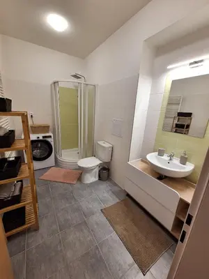 a bathroom with a toilet and a sink and a shower at Cozy and newly equipped apartment in Prague