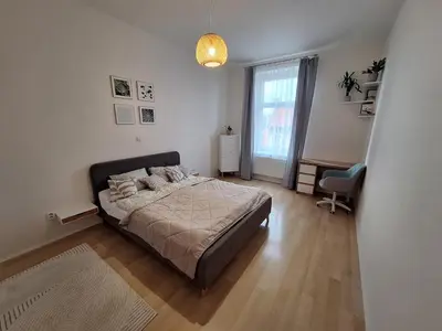 a bedroom with a large bed and a window at Cozy and newly equipped apartment in Prague