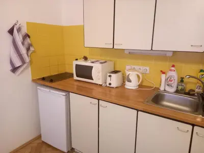 a kitchen counter with a microwave and a sink at Stylish studio near Jezerka park in Prague