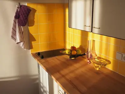a bowl of fruit on a counter in a kitchen at Stylish studio near Jezerka park in Prague