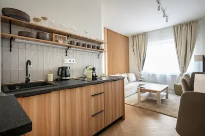 a kitchen with a sink and a living room at Place of Grace - Anděl 1 min to subway in Prague