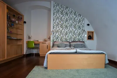 a bedroom with a bed with a headboard at Apartment Trziste in Prague