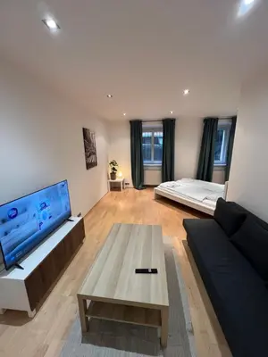a living room with a couch and a large flat screen tv at Kroftova12 in Prague