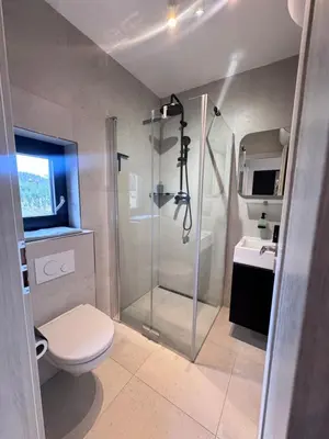 a bathroom with a shower and a toilet and a sink at Green Resort Slapy