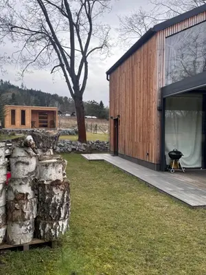 a large wooden building with a tree next to it at Green Resort Slapy