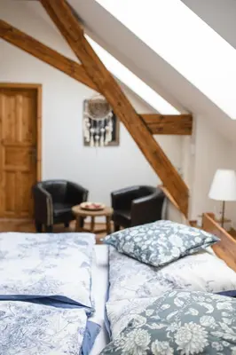 a bedroom with two beds and a attic at Farma Mlýn Drásov in Drásov