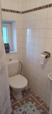 a white bathroom with a toilet and a sink at Penzion Mirja