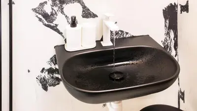 a black urinal with two rolls of toilet paper on it at Black & White Apartment Prague by Wenceslas Square and Muzeum in Prague