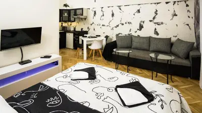 a living room with a bed and a couch at Black & White Apartment Prague by Wenceslas Square and Muzeum in Prague
