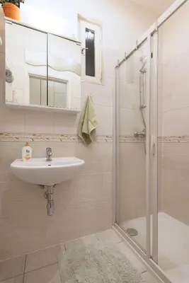 a bathroom with a sink and a shower at Victoria Design Stays - Apartment Slavojova in Prague