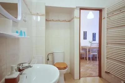 a bathroom with a sink and a toilet and a table at Angel City Aparthotel in Prague