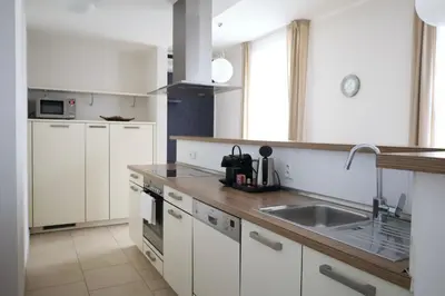 a kitchen with white cabinets and a sink at Rezidence Ostrovní in Prague
