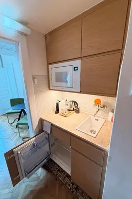 a small kitchen with a sink and a microwave at Apartment Siroka 14 in Prague