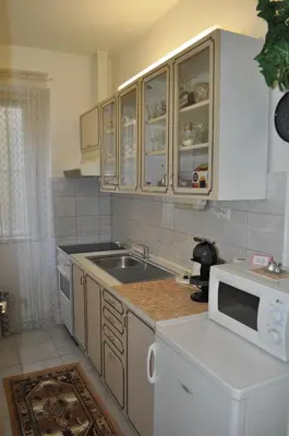 a kitchen with a sink and a microwave at Apartment Josef in Prague