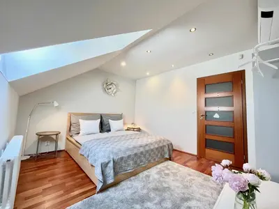 a bedroom with a bed and a skylight at Luxury Penthouse Apartment in Prague