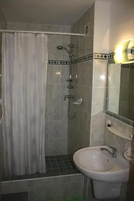 a bathroom with a shower and a sink and a toilet at Pension Beránek in Prague