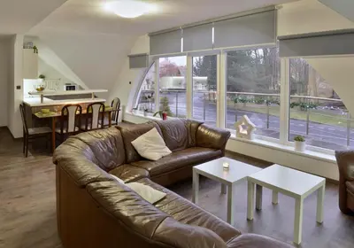 a living room with a leather couch and a table at Pension 101 Dubá in Dubá