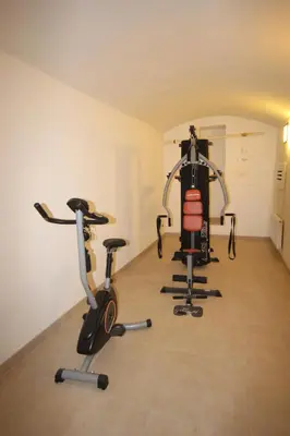 a gym with two exercise bikes in a room at Hálkova Studio in Prague