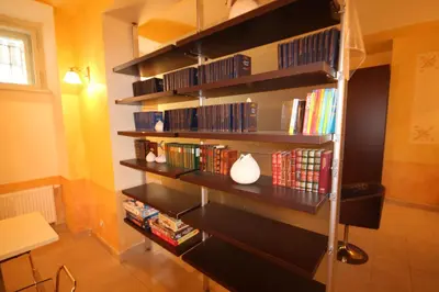 a book shelf filled with books in a room at Hálkova Studio in Prague