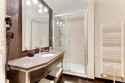a bathroom with a sink and a shower at Hálkova Studio in Prague