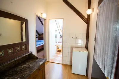 a bathroom with a sink and a mirror and a shower at Penzion Ctrnactka in Rataje nad Sázavou
