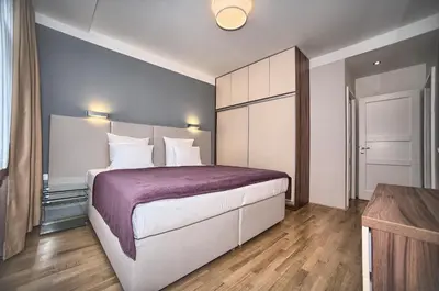 a bedroom with a large bed with a purple blanket at Art Residence Krocinova in Prague
