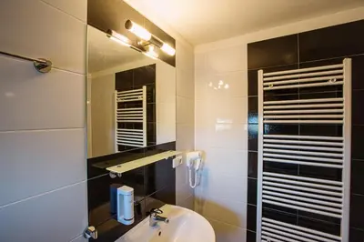 a bathroom with a sink and a mirror at Hotel Na Šustně in Krupá