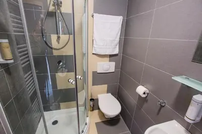 a small bathroom with a shower and a toilet at Hotel Na Šustně in Krupá