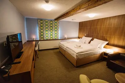 a hotel room with a bed and a television at Hotel Na Šustně in Krupá