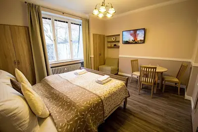 a hotel room with a bed and a table and chairs at Champagne Studio with Sauna in Prague