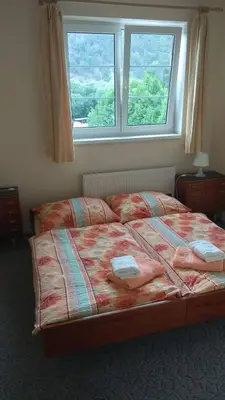 a bed in a bedroom with a large window at Guest House Kaskáda in Vrané nad Vltavou
