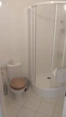 a white bathroom with a toilet and a shower at Guest House Kaskáda in Vrané nad Vltavou