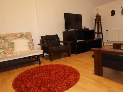 a living room with furniture and a red rug at Attic Apartment City Center in Prague
