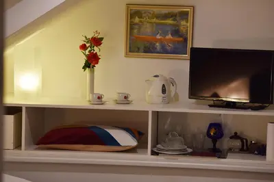a white shelf with a television and a vase with flowers at A. V. Pension Praha in Prague