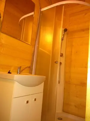 a bathroom with a sink and a shower at Prague Retro Challenge and Garden in Prague