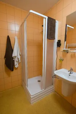 a bathroom with a shower and a sink at Labe Aréna Račice in Štětí