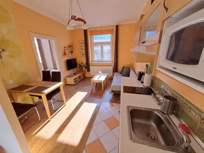 a small kitchen and a living room with a sink at Pension SKLEP in Prague