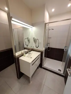 a bathroom with a sink and a shower at Pension SKLEP in Prague