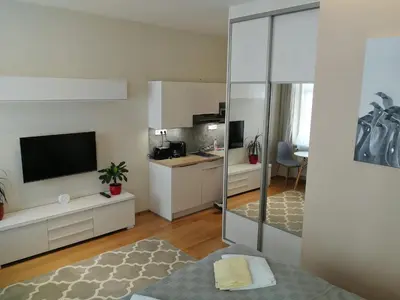 a living room with a flat screen tv and a large mirror at Pension SKLEP in Prague
