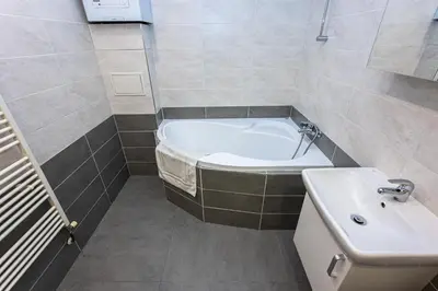 a bathroom with a sink and a bath tub at Apartment Americká 8 in Prague