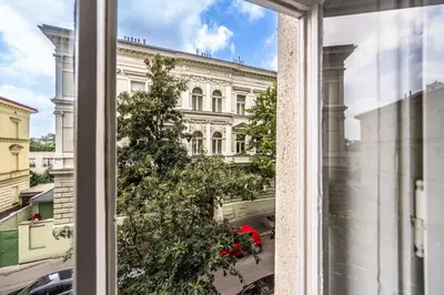 a view of a building from a window at Apartment Americká 8 in Prague