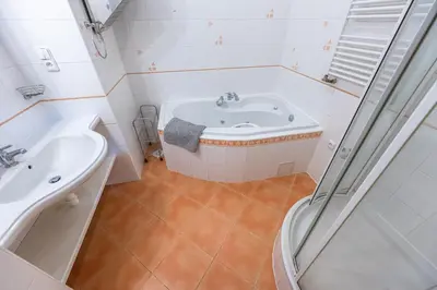 a bathroom with a bath tub and a sink at Apartment Americká 8 in Prague
