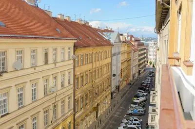 an aerial view of a city street with buildings at Stunning Design Apartment in Prague