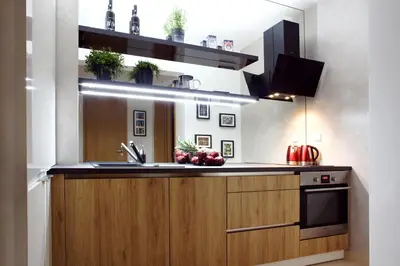 a kitchen with wooden cabinets and a sink at Brunetti Design Apartment in Prague