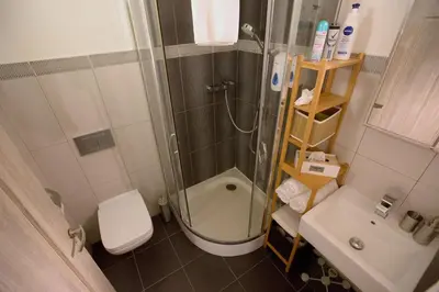 a bathroom with a shower and a toilet and a sink at Romantic Bohemian Studio in Old Town Prague in Prague
