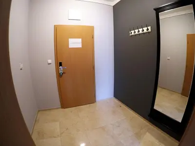 a corridor with a door and a mirror in a room at Penzion U tri statkaru in Dobříš