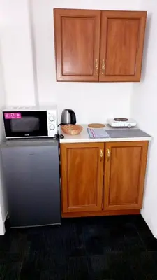 a kitchen with a microwave and a refrigerator at Apartmány Karlštejn in Karlštejn