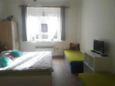 a bedroom with a bed and a tv and a window at Apartmány Karlštejn in Karlštejn