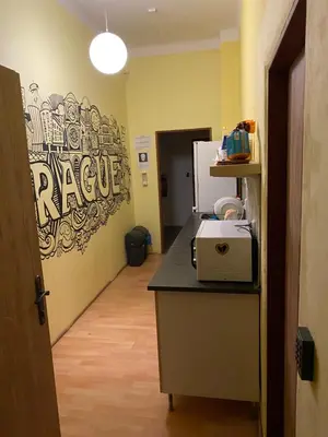 a room with a kitchen with a counter and a refrigerator at Easy Housing in Prague