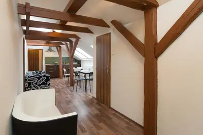 a living room with wooden beams on the walls at Easy Housing in Prague